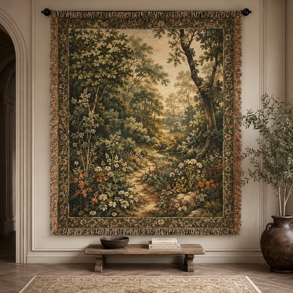 Enchanted woodland garden woven blanket with forest path, wildflowers and decorative fringe