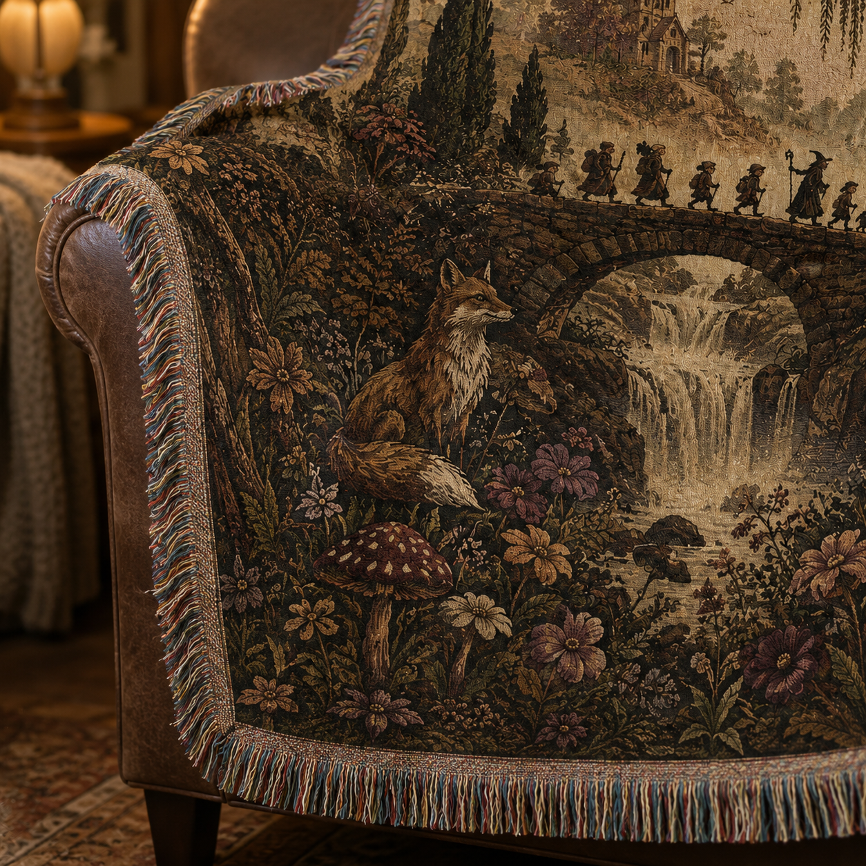 Close-up of enchanted woodland journey woven blanket texture and fringe
