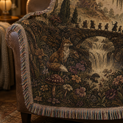 Close-up of enchanted woodland journey woven blanket texture and fringe