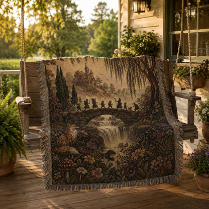 Enchanted woodland journey woven blanket displayed on a rustic porch swing
