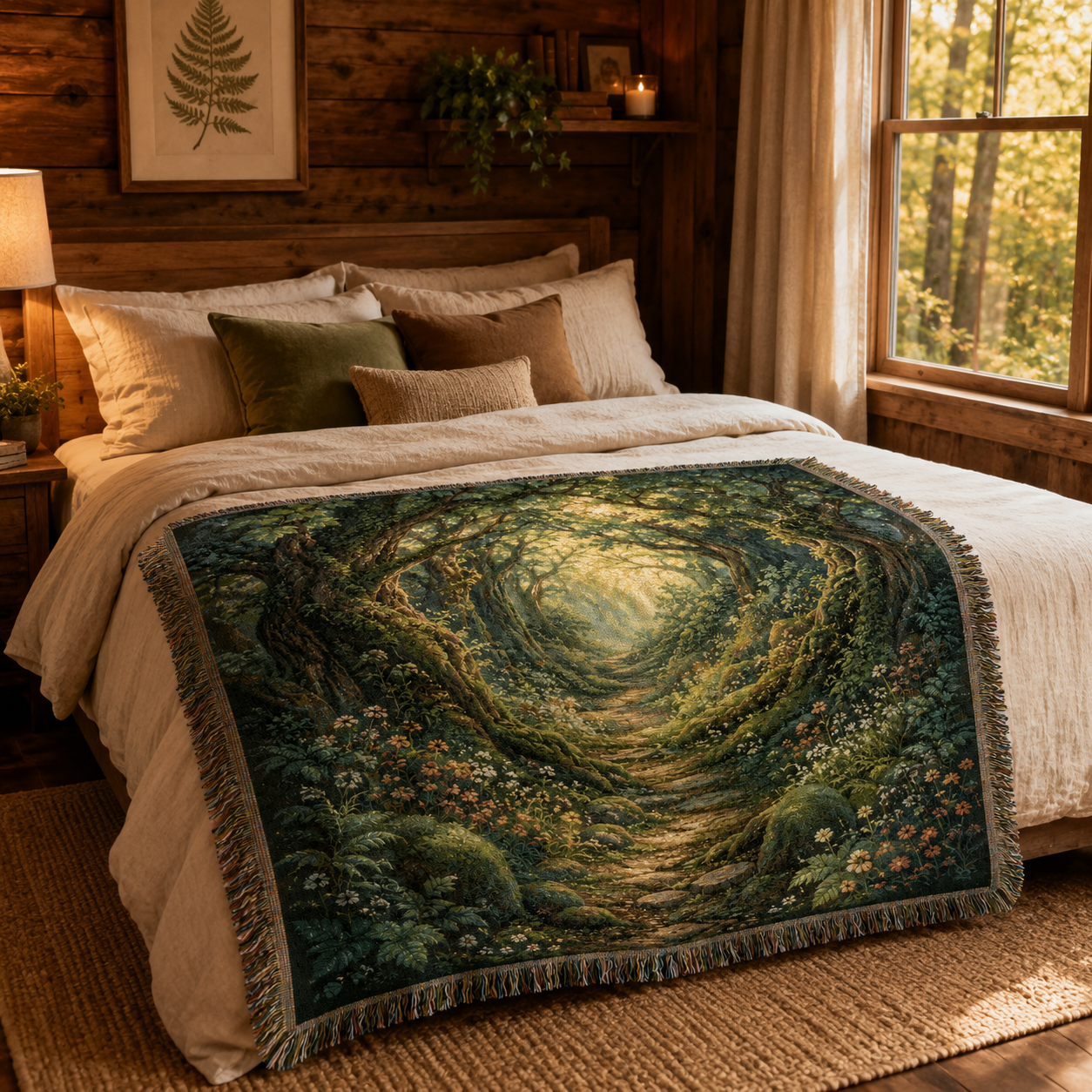 Enchanted woodland path woven blanket styled across a warm rustic cabin bed