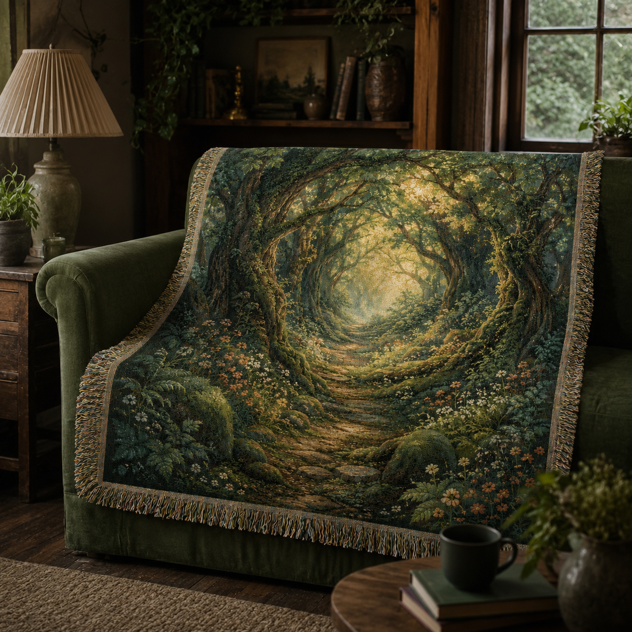 Enchanted woodland path woven blanket styled on a deep green sofa in a cozy living room