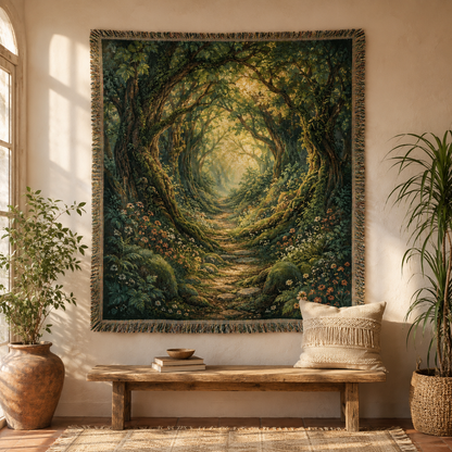 Enchanted woodland path woven blanket displayed as wall tapestry above a rustic bench