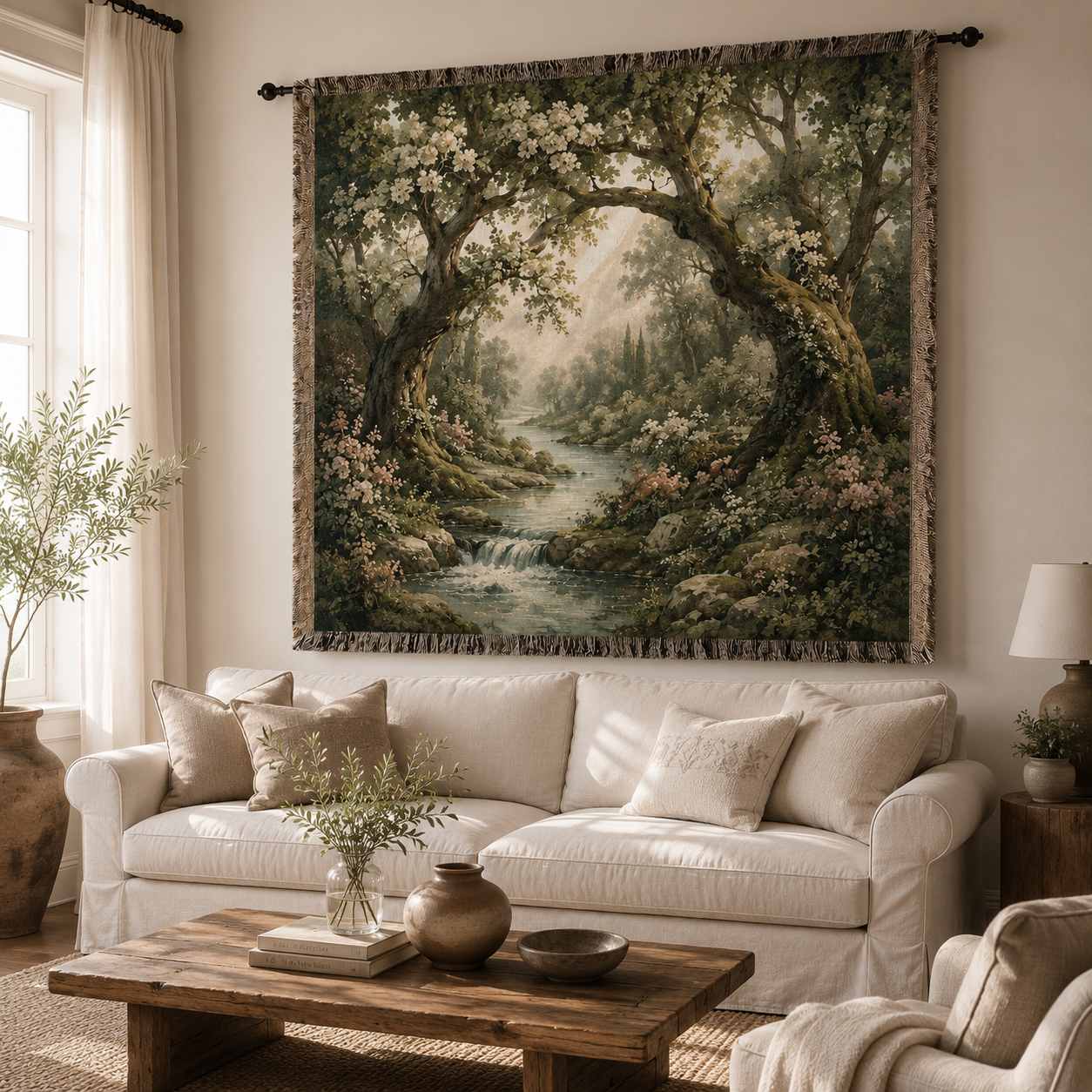 Enchanted woodland woven tapestry blanket displayed above a linen sofa in a bright living room