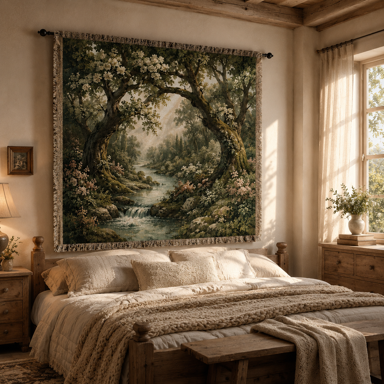 Enchanted woodland woven tapestry blanket displayed above a rustic cottage bed