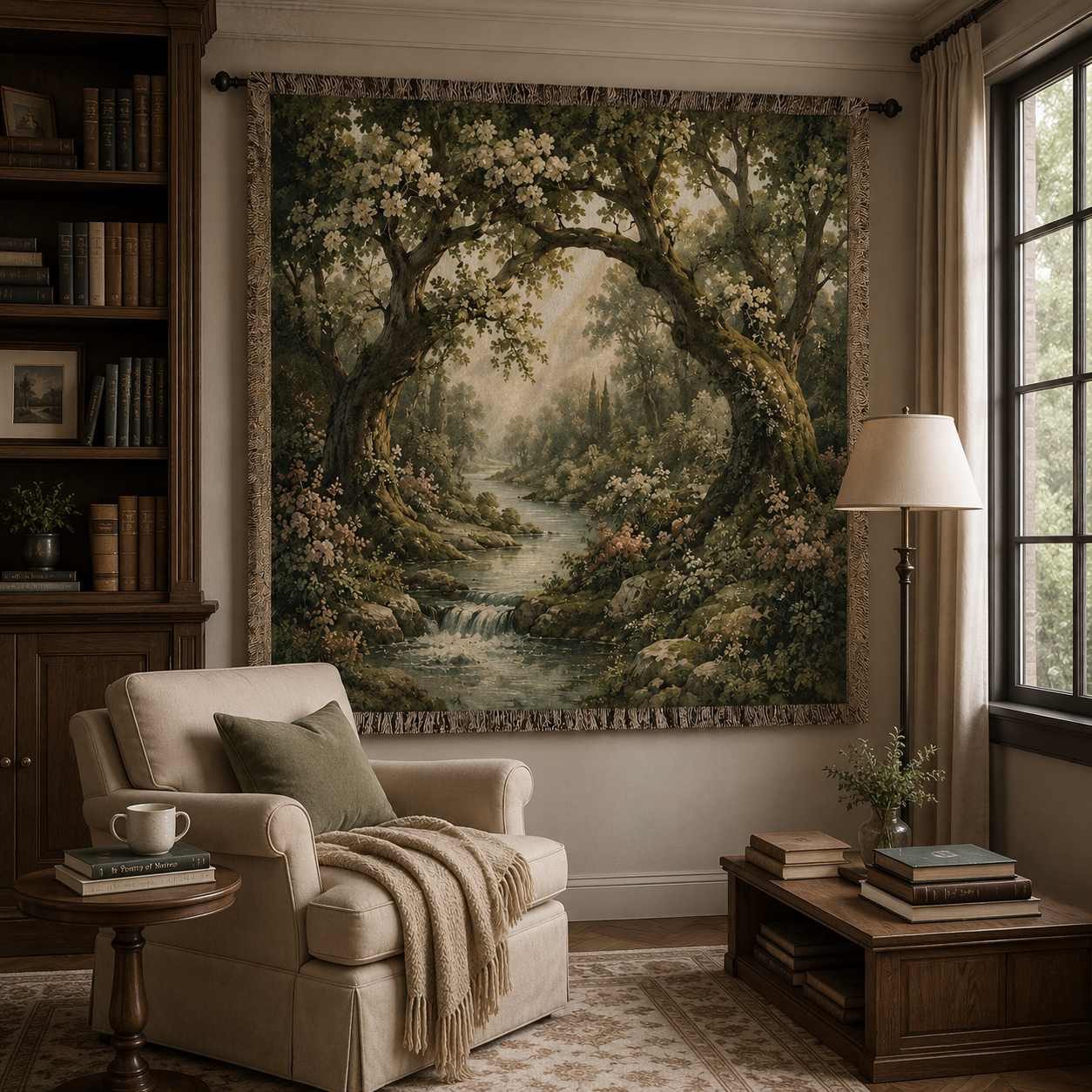 Enchanted woodland woven tapestry blanket styled in a cozy reading nook