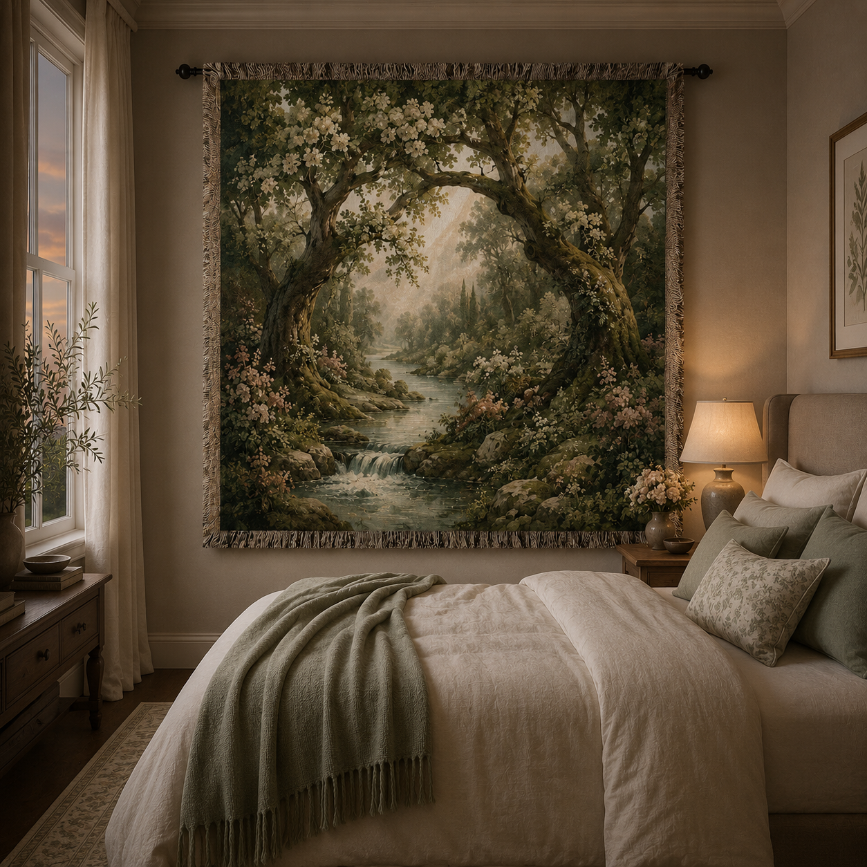 Enchanted woodland woven tapestry blanket displayed in a serene sage and cream guest bedroom