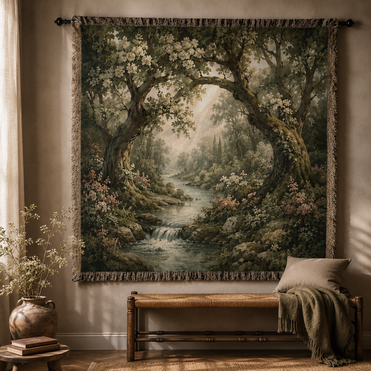 Enchanted woodland woven tapestry blanket close lifestyle view showing woven fringe and texture