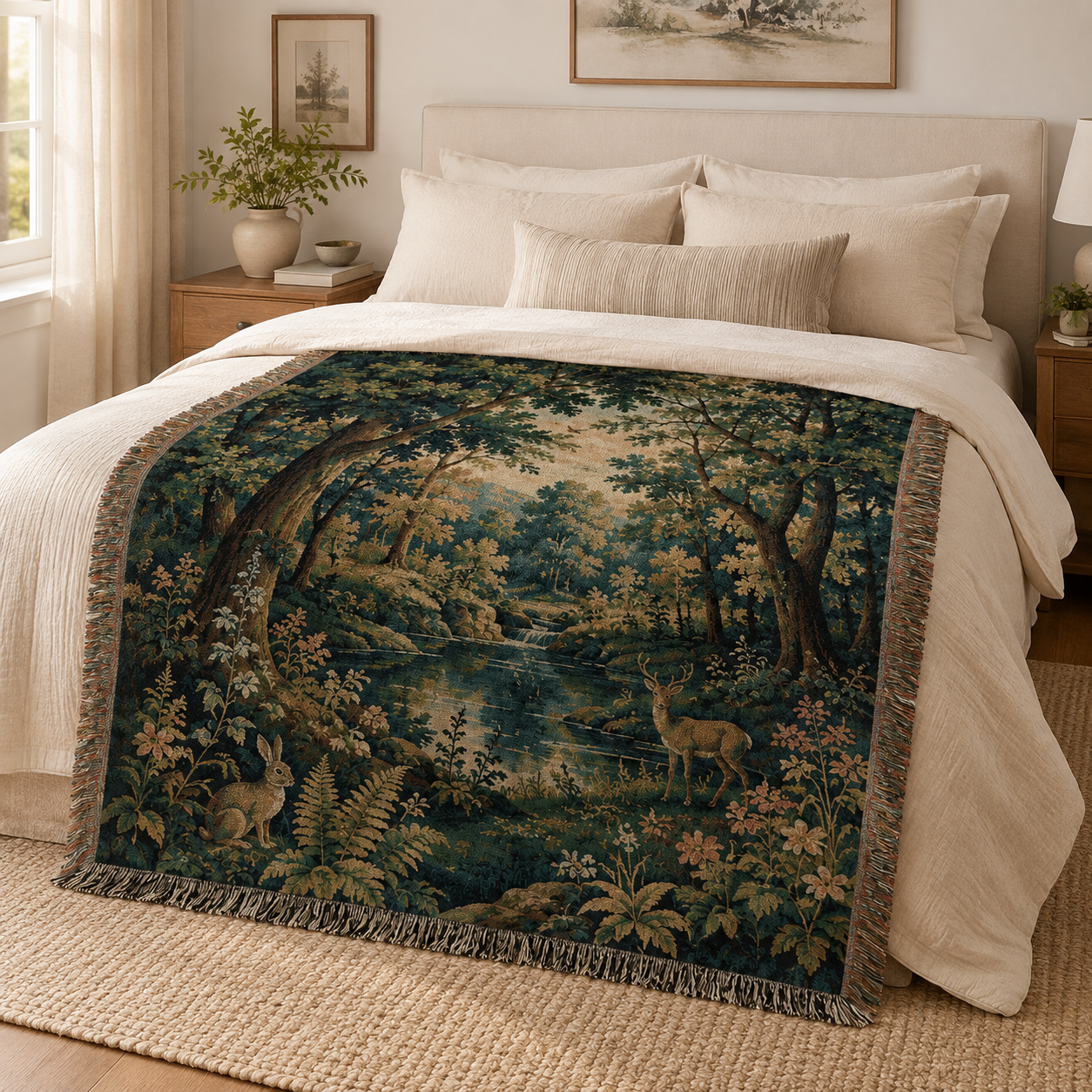 Enchanted forest tapestry blanket with deer and rabbit styled across a neutral bedroom bed