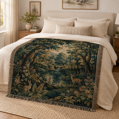Enchanted forest tapestry blanket with deer and rabbit styled across a neutral bedroom bed