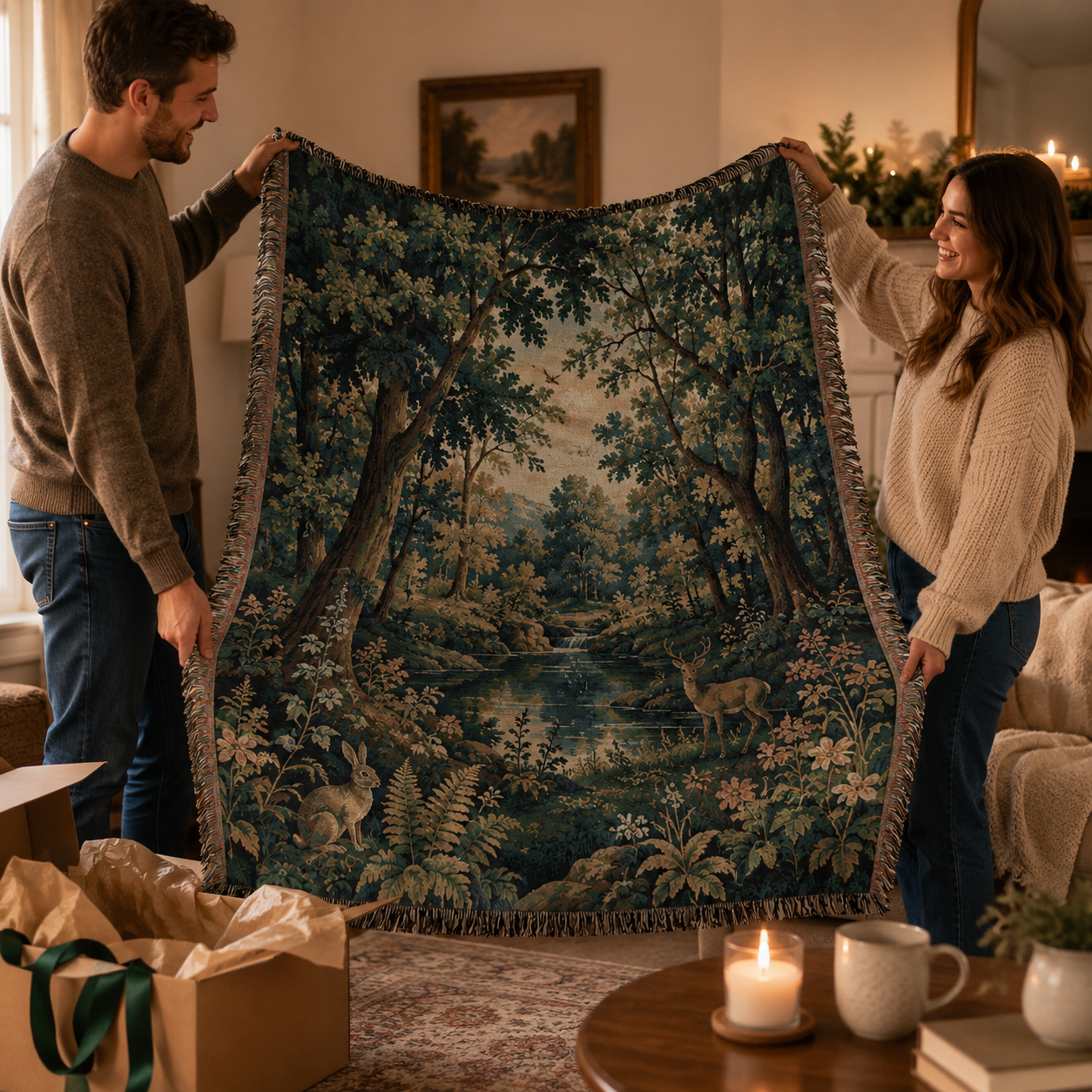 Couple holding an enchanted woodland woven blanket as a cozy nature inspired gift
