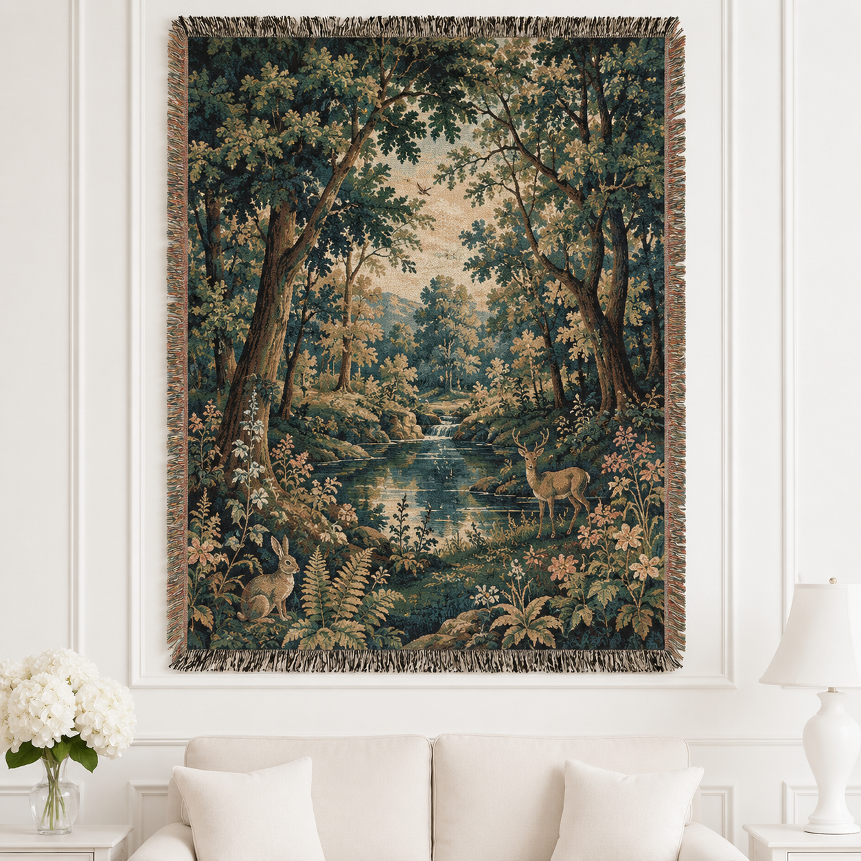 Enchanted woodland woven blanket with deer, rabbit, forest stream and floral details displayed above a cream sofa