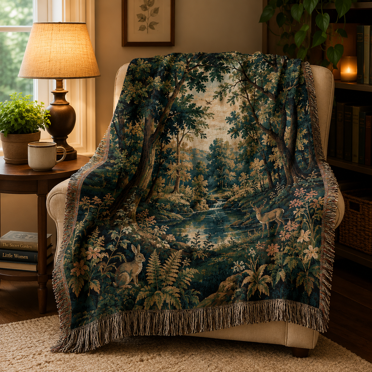 Dark green woodland woven blanket with forest stream and wildlife in a cozy reading nook