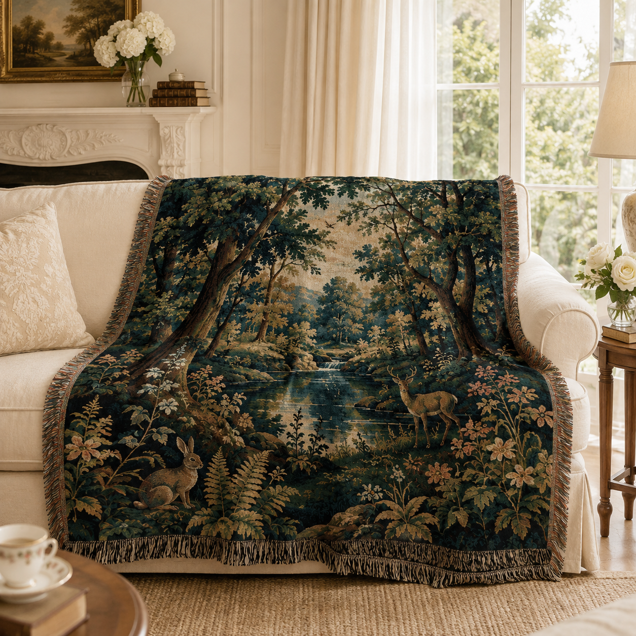 Enchanted woodland woven throw draped over a cream sofa in a bright elegant living room