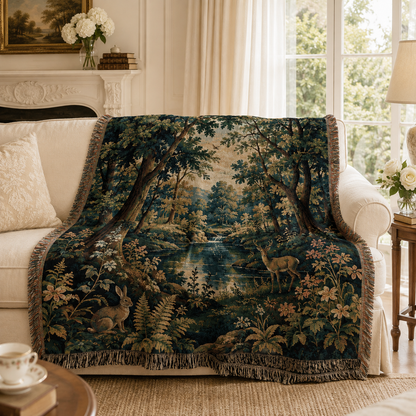 Enchanted woodland woven throw draped over a cream sofa in a bright elegant living room