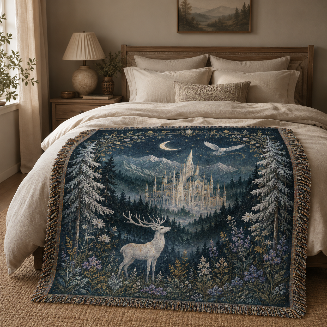Enchanted castle woven throw blanket styled on a cozy bed