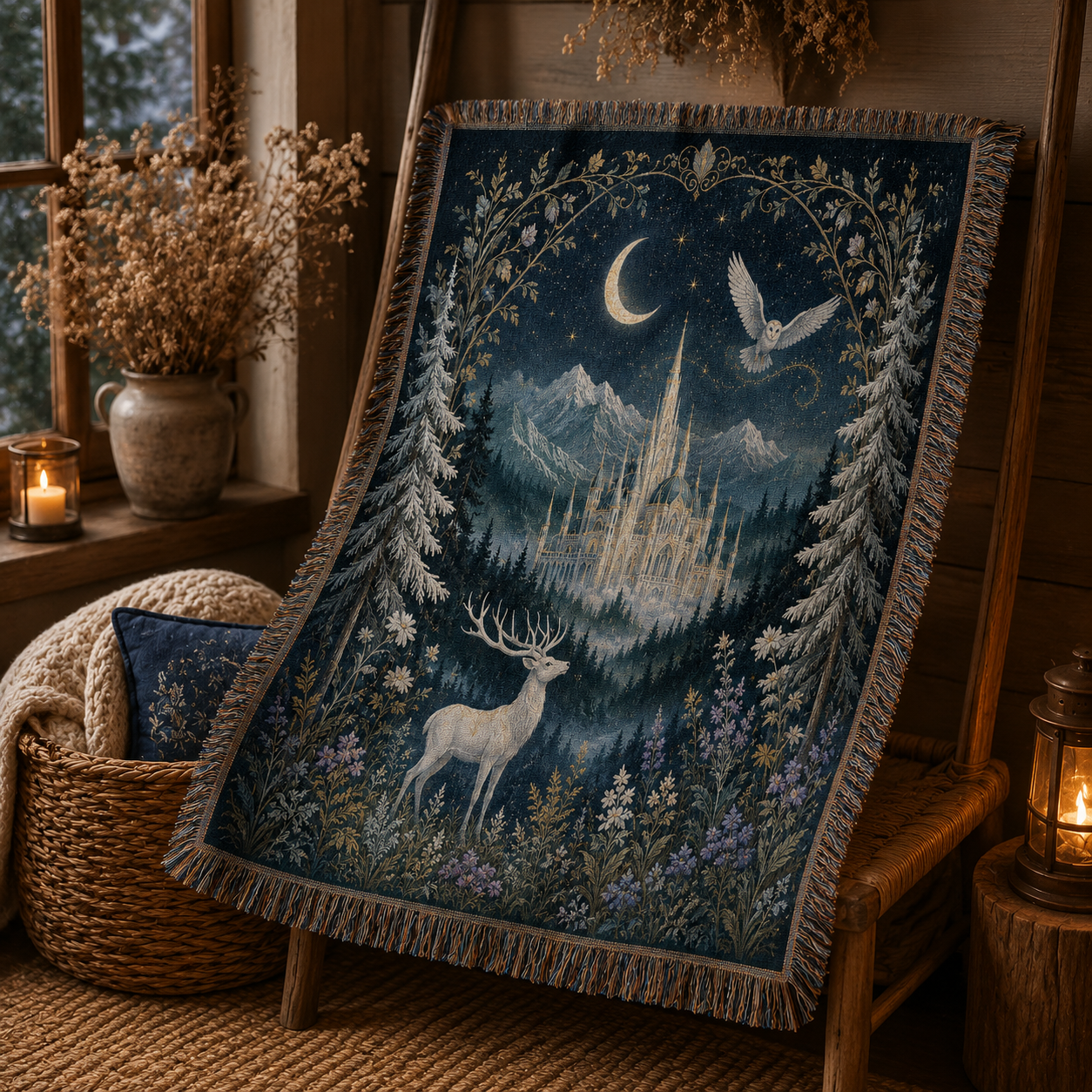 Moonlit castle woven blanket displayed in a warm rustic cabin