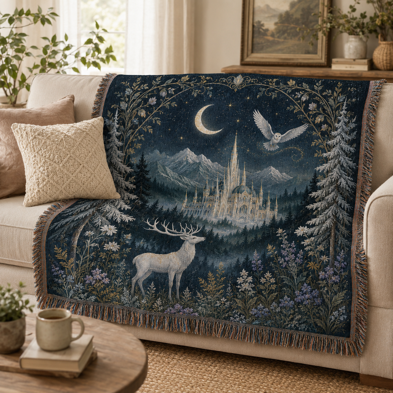 Moonlit fantasy woven blanket styled on a cream sofa
