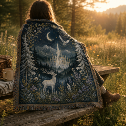 Fantasy moonlit castle woven blanket used outdoors at golden hour