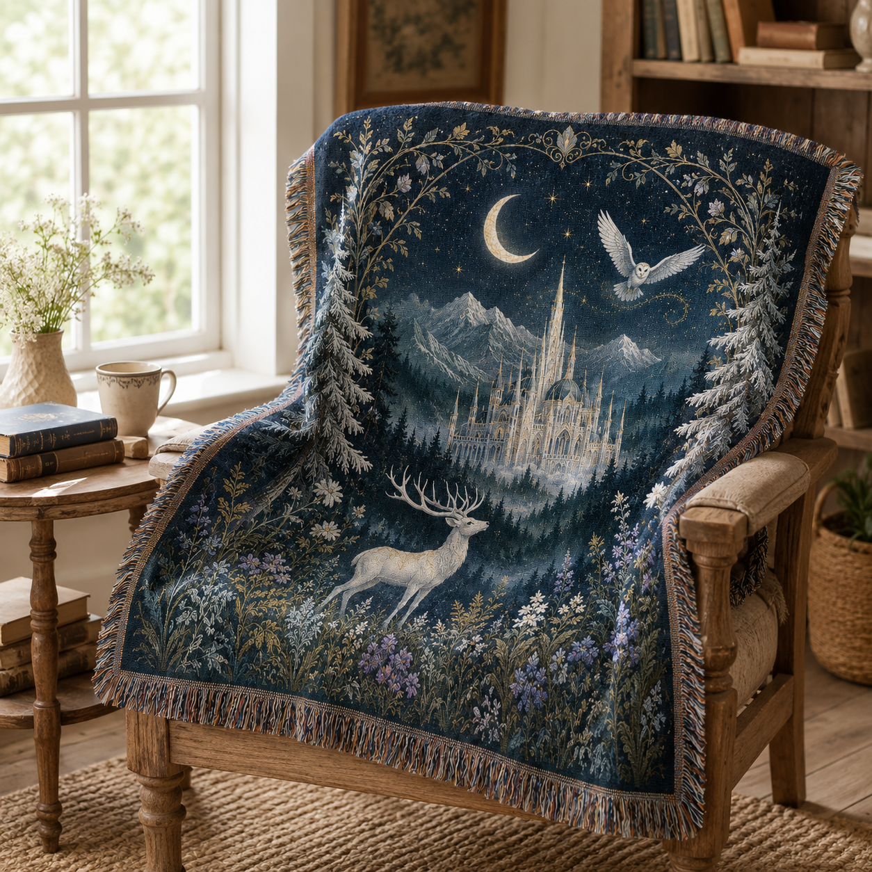 Fantasy castle woven tapestry blanket draped over a reading chair
