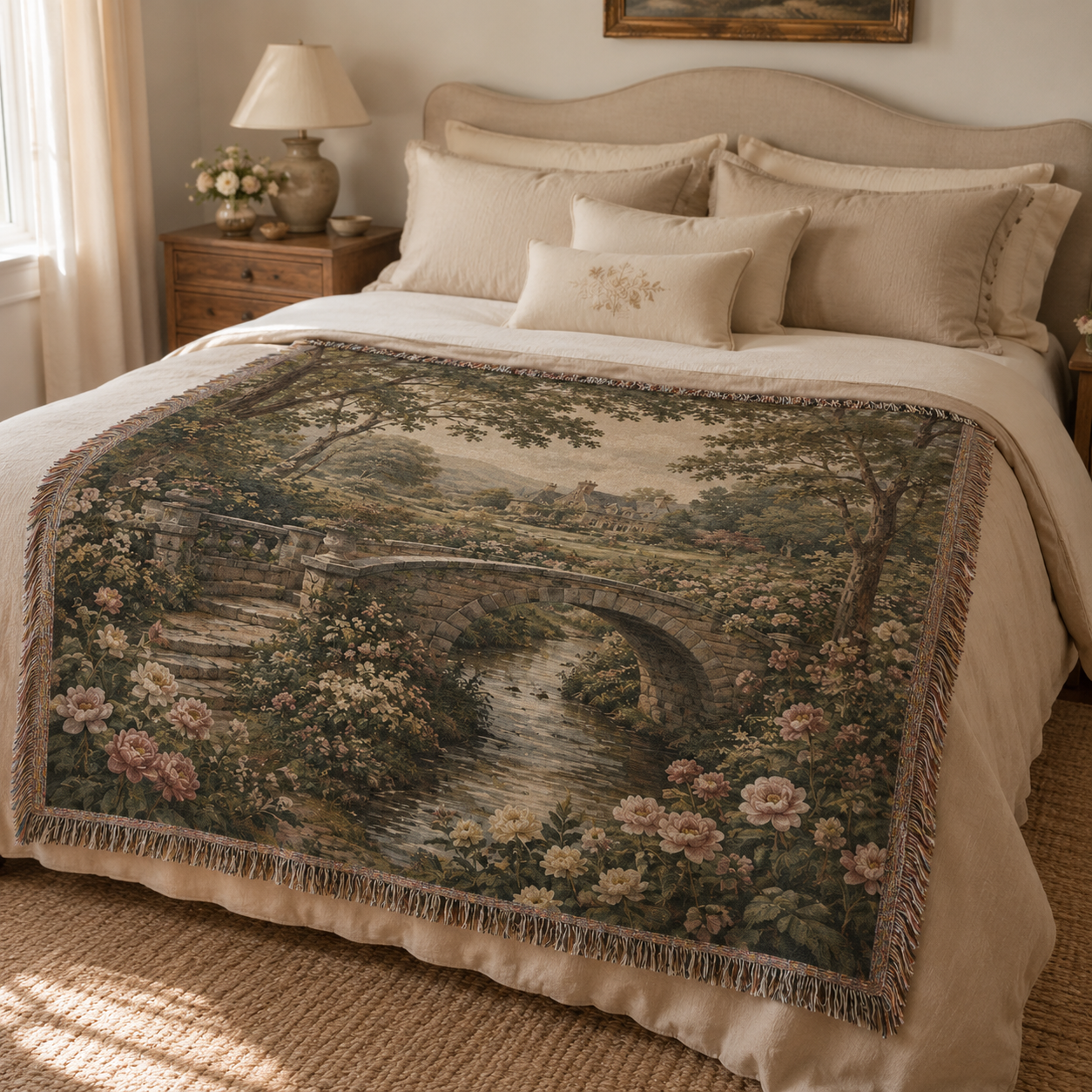 English countryside woven blanket styled across a warm neutral bedroom bed