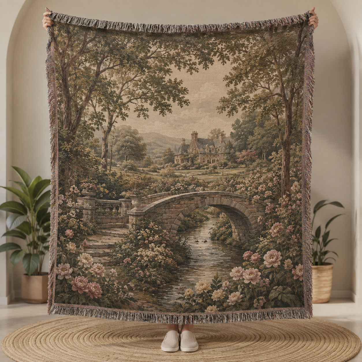 English garden bridge woven blanket with vintage manor landscape and floral fringe