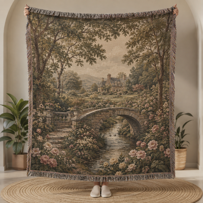 English garden bridge woven blanket with vintage manor landscape and floral fringe