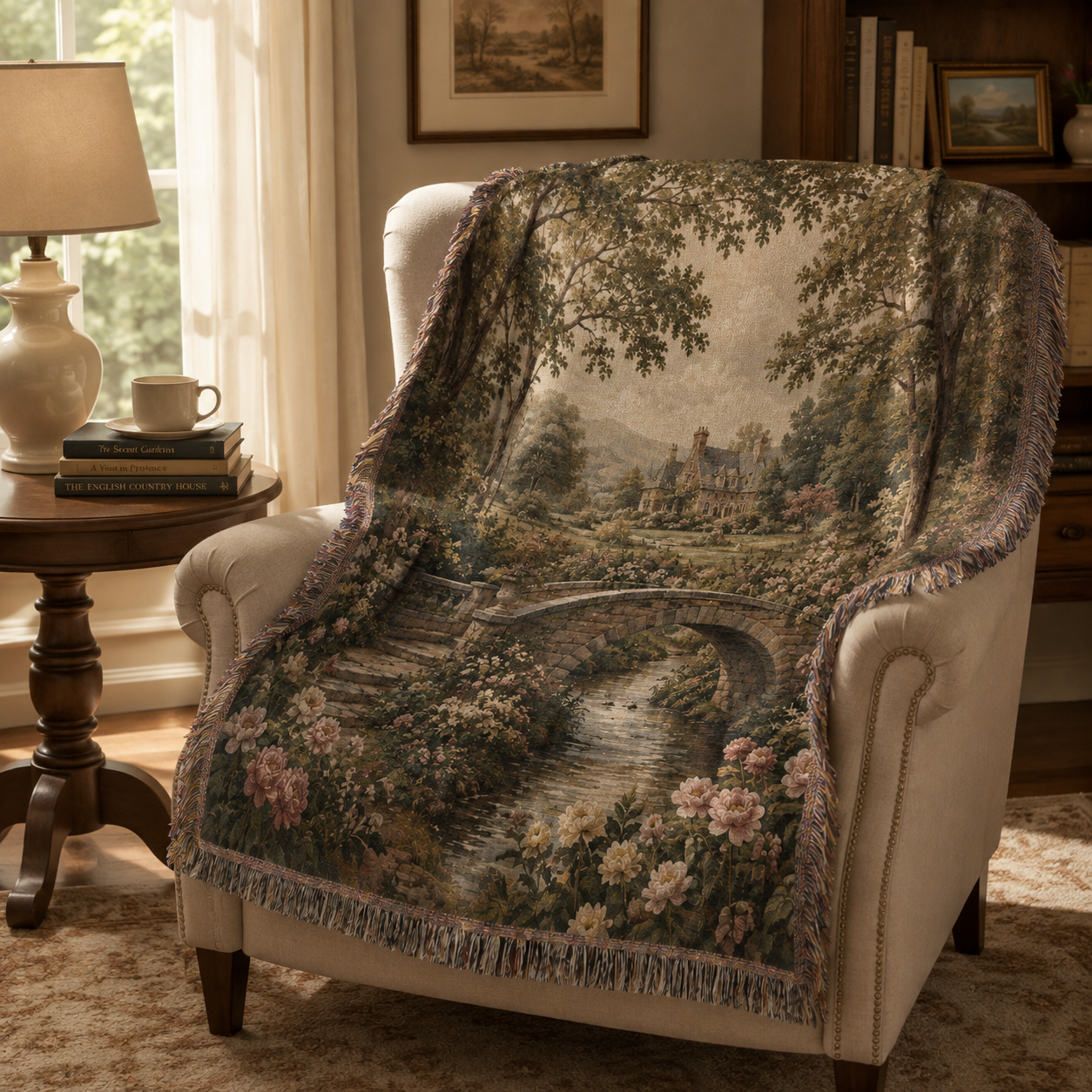 Pastoral garden tapestry blanket draped over a cozy reading chair