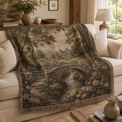 Vintage garden bridge woven blanket draped over a cream living room sofa