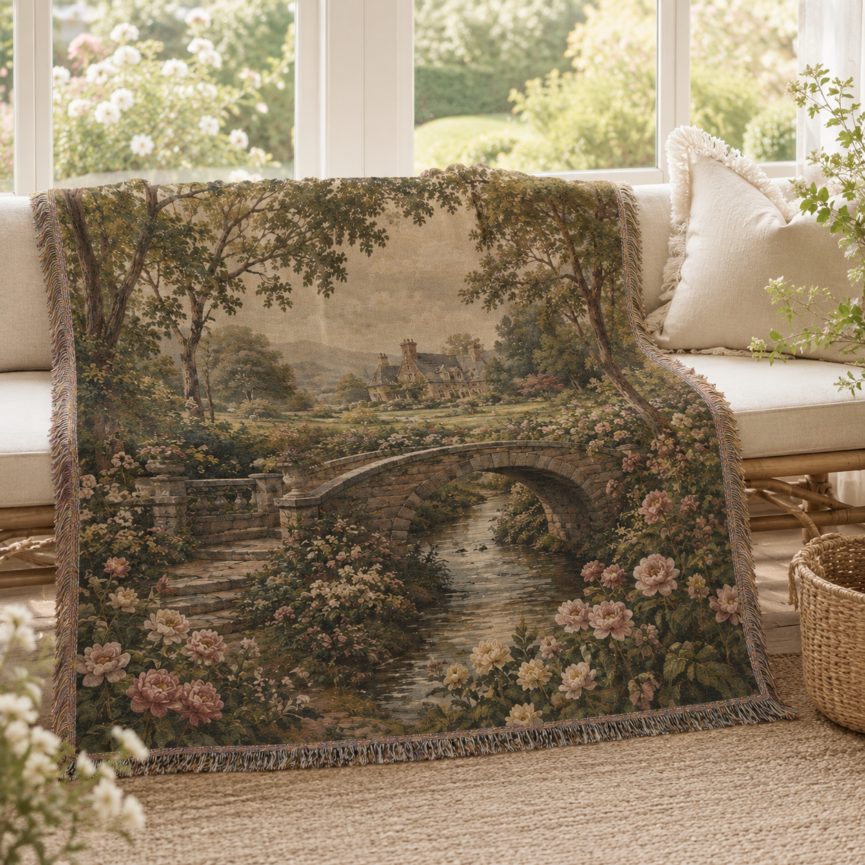 English garden woven blanket styled on a sunroom bench with floral view