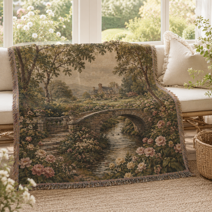English garden woven blanket styled on a sunroom bench with floral view