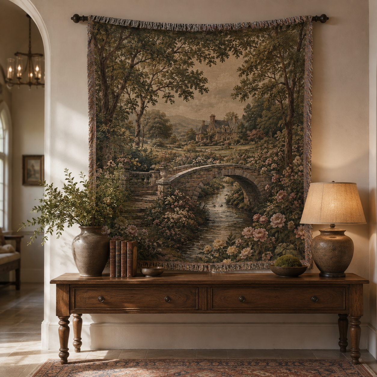Vintage garden bridge woven blanket displayed as elegant textile wall art