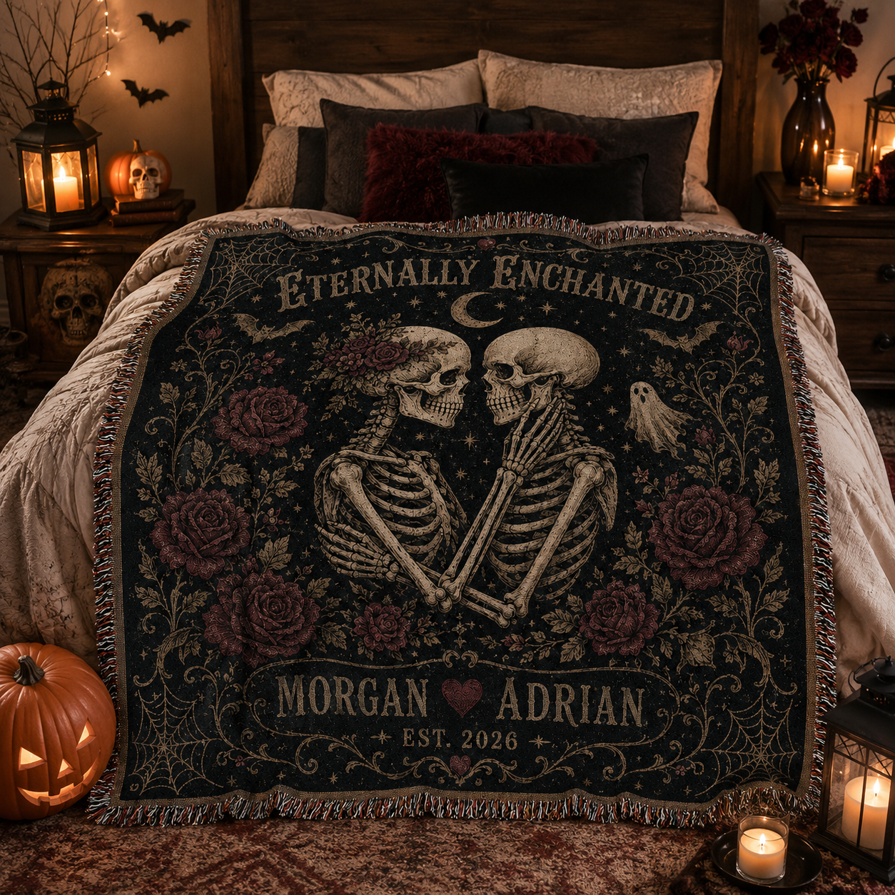 Personalized skeleton couple woven blanket styled softly across a gothic Halloween bedroom with pumpkins and lanterns