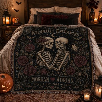 Personalized skeleton couple woven blanket styled softly across a gothic Halloween bedroom with pumpkins and lanterns