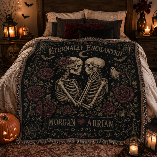 Personalized skeleton couple woven blanket styled softly across a gothic Halloween bedroom with pumpkins and lanterns