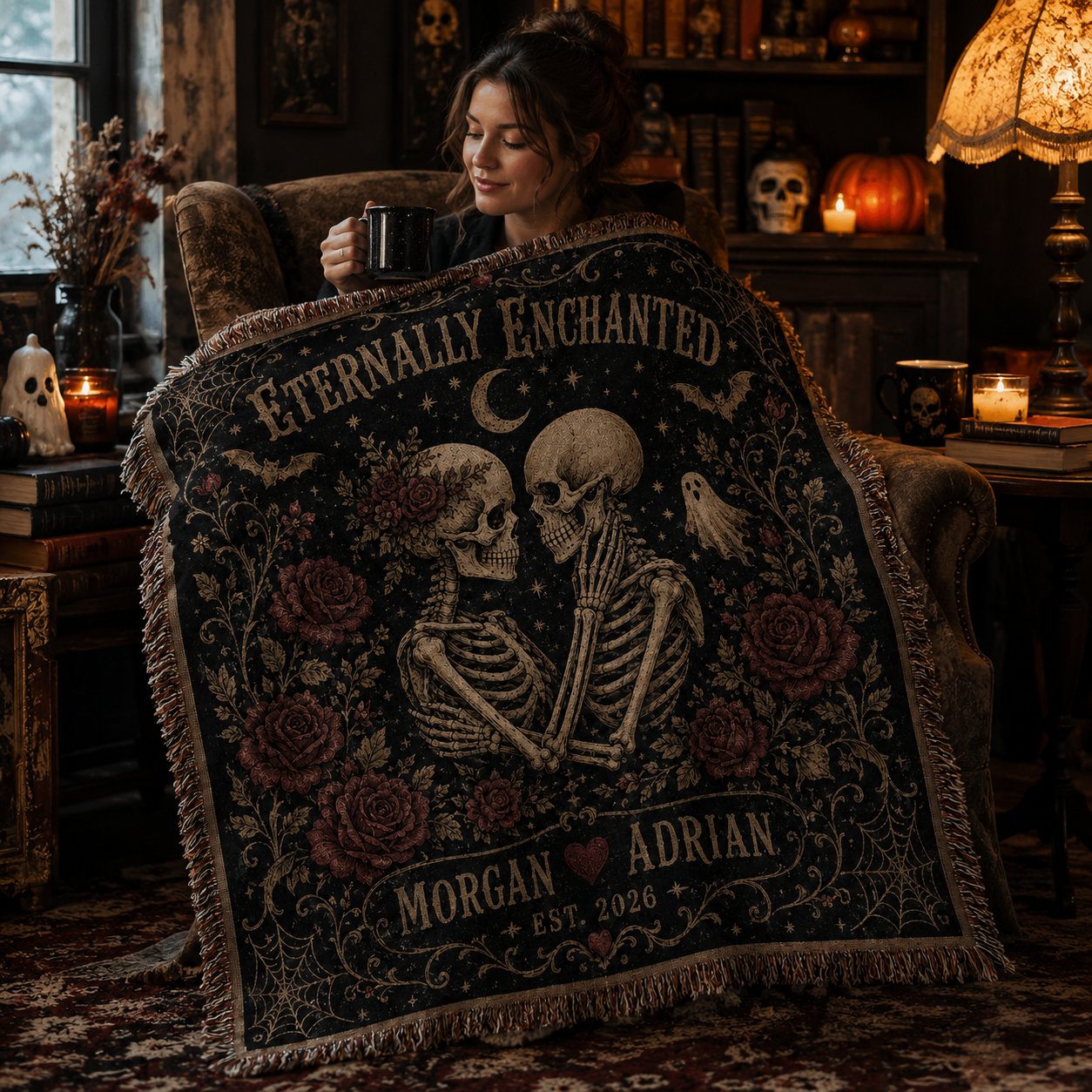 Personalized skeleton couple woven blanket wrapped softly around a reader in a gothic Halloween reading nook