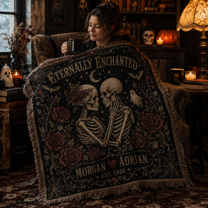 Personalized skeleton couple woven blanket wrapped softly around a reader in a gothic Halloween reading nook