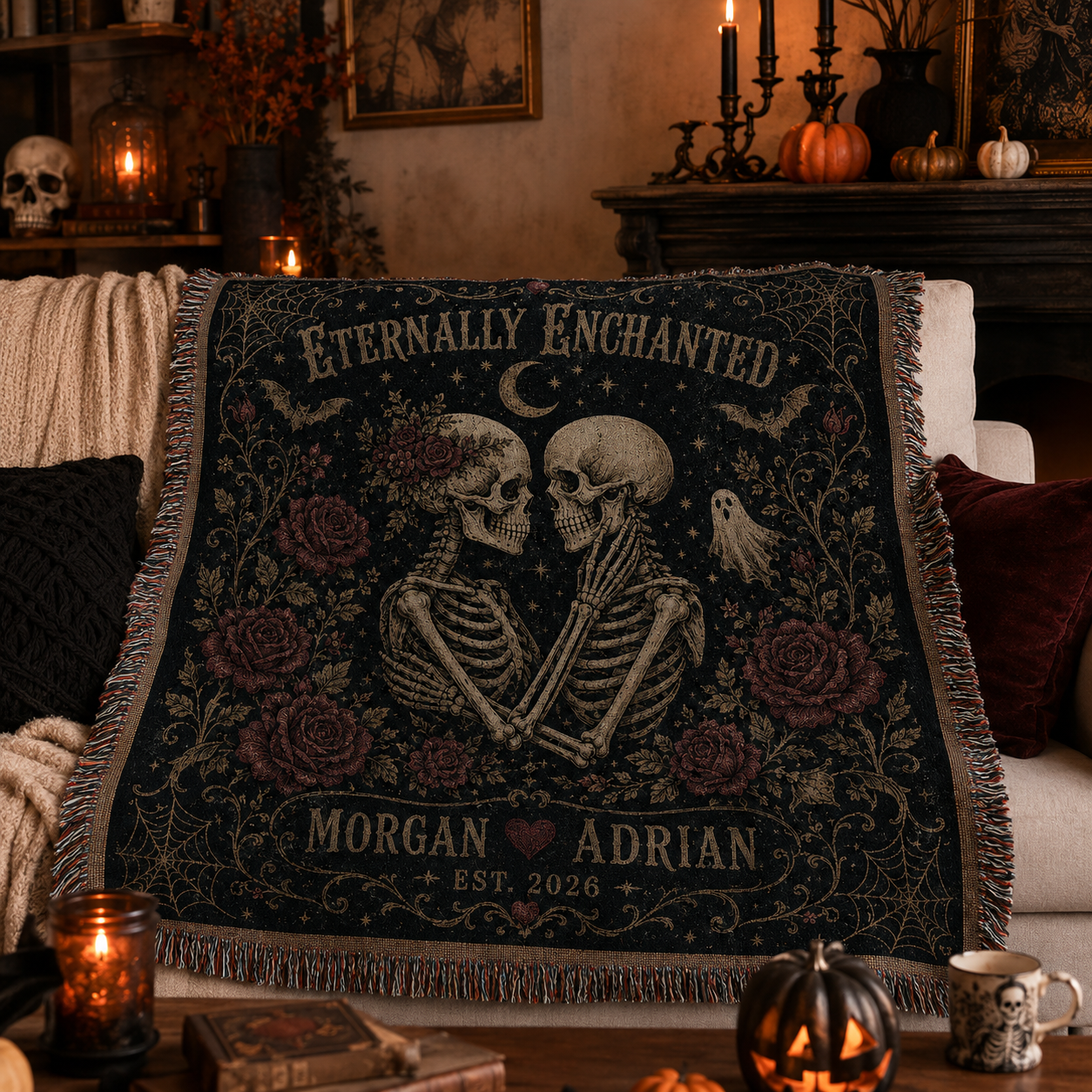 Personalized gothic skeleton couple woven blanket draped softly over a sofa with Halloween pumpkins and candlelight
