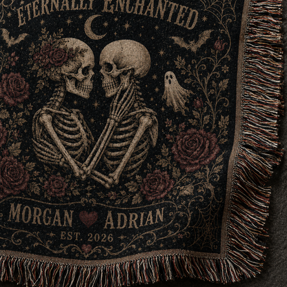 Macro close-up of personalized skeleton couple woven blanket showing woven yarn texture, gothic roses, printed artwork and multicolor fringe