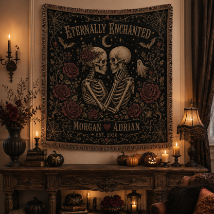 Personalized Eternally Enchanted skeleton couple woven blanket displayed as gothic Halloween wall decor above a vintage console