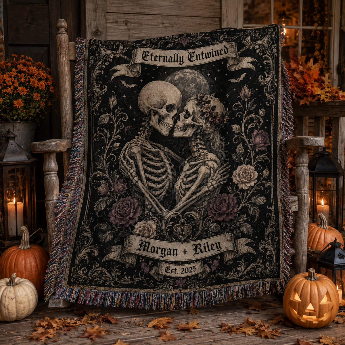 Personalized skeleton couple woven blanket displayed on a rustic Halloween autumn porch