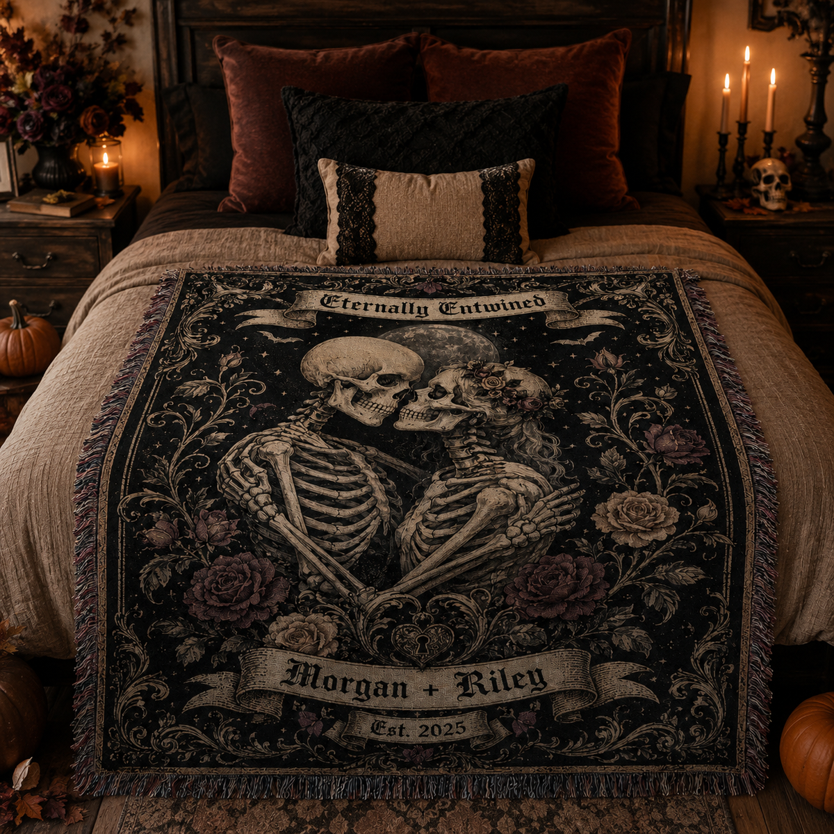 Personalized gothic skeleton couple woven blanket styled across an autumn bedroom bed