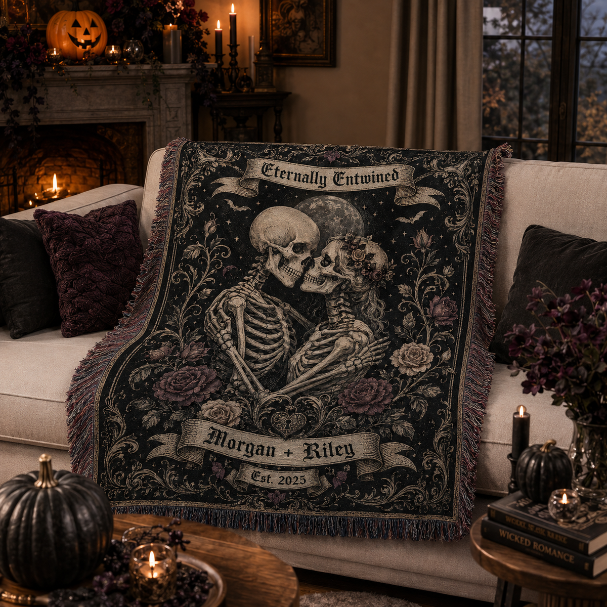 Personalized skeleton couple woven blanket styled on a Halloween living room sofa