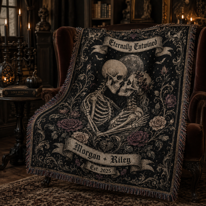 Gothic skeleton couple woven blanket displayed in a candlelit Halloween reading nook