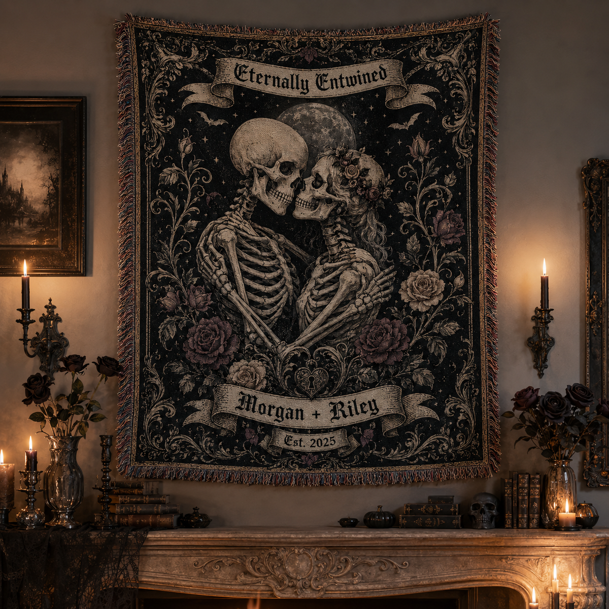 Personalized gothic skeleton couple woven blanket displayed as Halloween wall decor