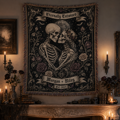 Personalized gothic skeleton couple woven blanket displayed as Halloween wall decor