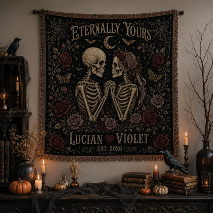 Eternally Yours skeleton woven blanket displayed as gothic Halloween wall decor