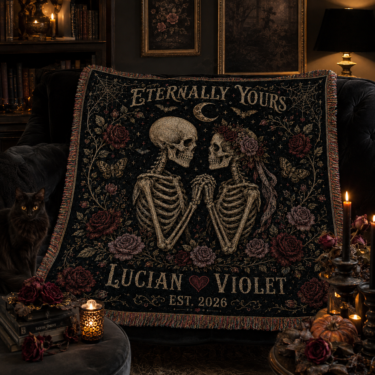 Eternally Yours personalized skeleton blanket displayed in a gothic Halloween living room