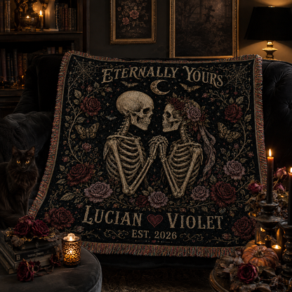 Eternally Yours personalized skeleton blanket displayed in a gothic Halloween living room