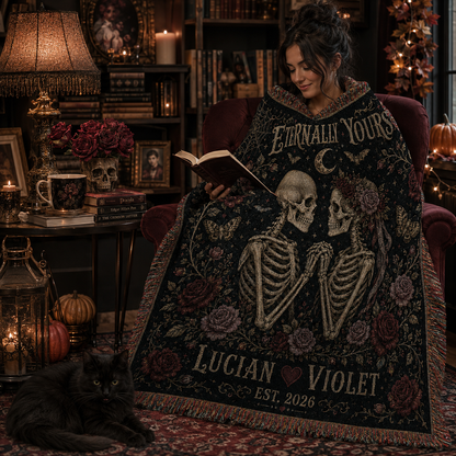 Eternally Yours personalized skeleton woven blanket in a cozy gothic reading nook
